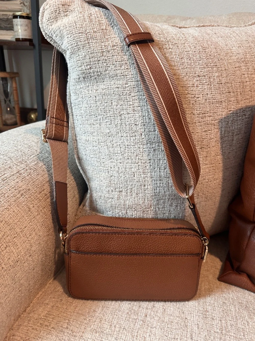 Michael Kors Bryant Brown Pebbled Leather Double Zip Chain Crossbody Bag